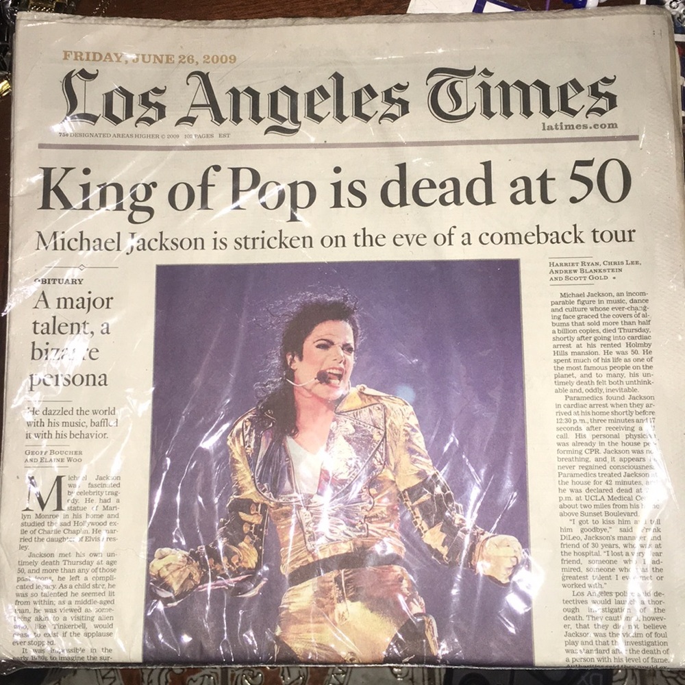 Newspaper from 2009 the day Michael Jackson died